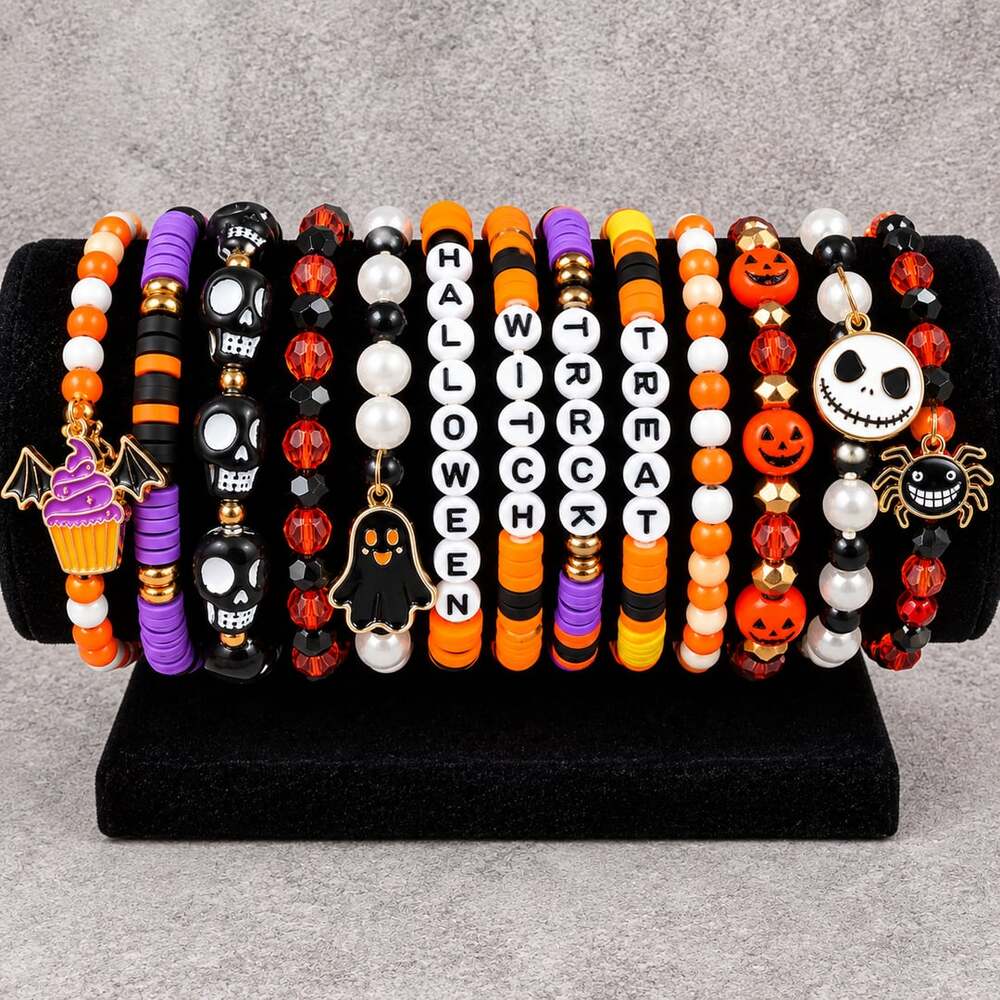 NEW 12-Piece Halloween Beaded Charm Bracelet Set Witch Ghost Skull Spider